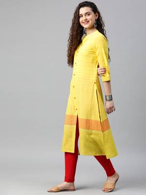 Yellow woven cotton ethnic-kurtis 4