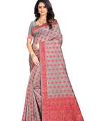 Red woven banarasi cotton saree with blouse