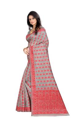 Red woven banarasi cotton saree with blouse 2