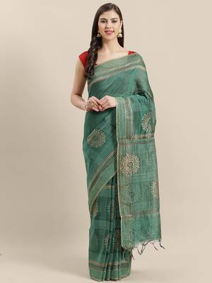 Green & Golden Linen Printed Saree 1