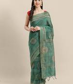 Green & Golden Linen Printed Saree
