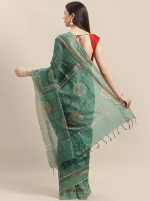 Green & Golden Linen Printed Saree 2
