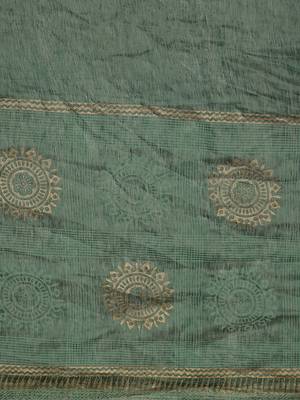 Green & Golden Linen Printed Saree 3