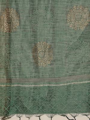 Green & Golden Linen Printed Saree 4
