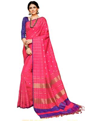 Pink Plain Silk Saree With Blouse 1