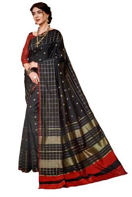 Black Plain Silk Saree With Blouse 1