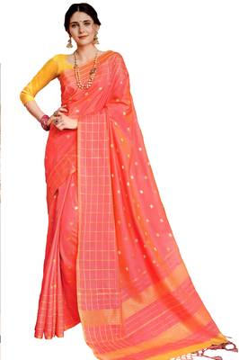 Peach Plain Silk Saree With Blouse 1