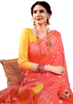 Peach Plain Silk Saree With Blouse 2