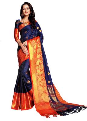 Blue Woven Silk Saree With Blouse 1
