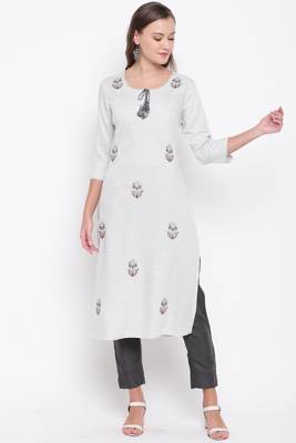 Women's embroidered/solid Straight Rayon Light Grey And Grey Kurti With Pant Set 1