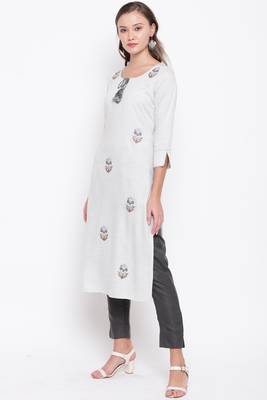 Women's embroidered/solid Straight Rayon Light Grey And Grey Kurti With Pant Set 3