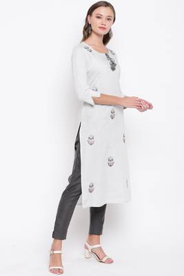 Women's embroidered/solid Straight Rayon Light Grey And Grey Kurti With Pant Set 4