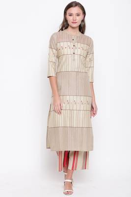 Women's mirror work Straight Cotton Beige Kurti With Palazzo Set 1