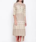 Women's mirror work Straight Cotton Beige Kurti With Palazzo Set