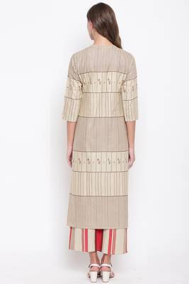 Women's mirror work Straight Cotton Beige Kurti With Palazzo Set 2