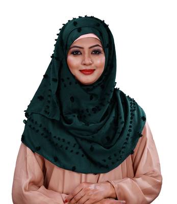 Cyan Color Pom Pom Viscose Cotton Arabian Scarf Hijab For Women 4