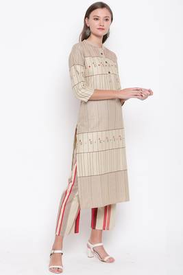 Women's mirror work Straight Cotton Beige Kurti With Palazzo Set 3