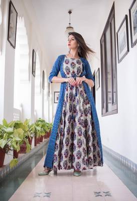 All Season Designer Blue With Multycolor Pure Maslin Gown 1