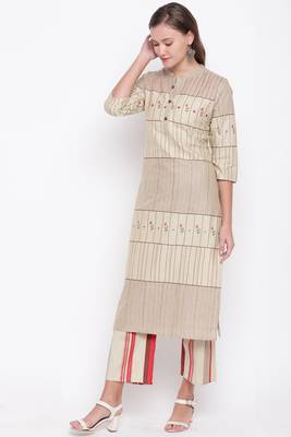 Women's mirror work Straight Cotton Beige Kurti With Palazzo Set 4