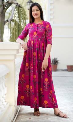 Designer Partywear Printed Pink Pure Maslin Gown 1
