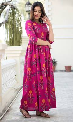 Designer Partywear Printed Pink Pure Maslin Gown 2