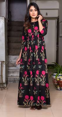 Designer Partywear Printed Black Pure Maslin Gown 1