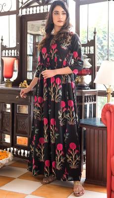 Designer Partywear Printed Black Pure Maslin Gown 2