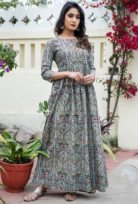 Designer Partywear Printed Light Cyan Pure Maslin Gown 1