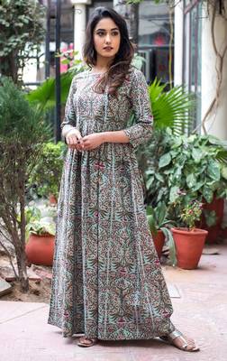 Designer Partywear Printed Light Cyan Pure Maslin Gown 2