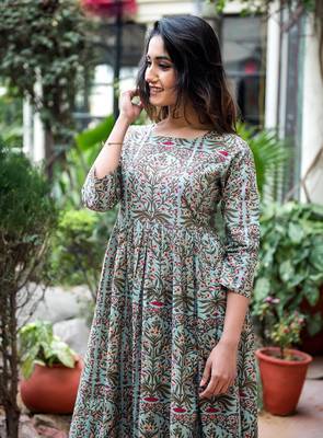 Designer Partywear Printed Light Cyan Pure Maslin Gown 3