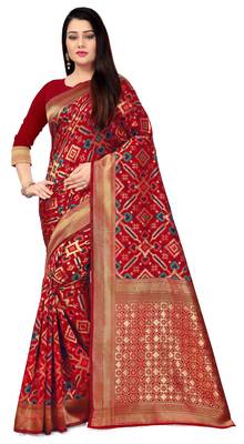 Red hand woven silk blend saree with blouse 1
