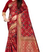 Red hand woven silk blend saree with blouse