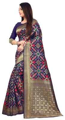 Blue hand woven silk blend saree with blouse 5