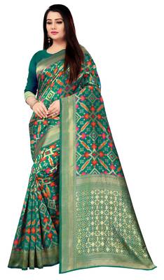 Green hand woven silk blend saree with blouse 1