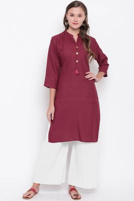 women's solid straight rayon wine color kurti with palazzo set 1