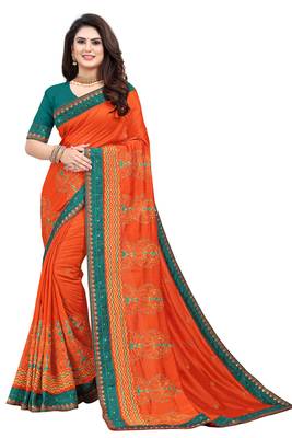 Orange embroidered pure art silk sarees saree with blouse 1
