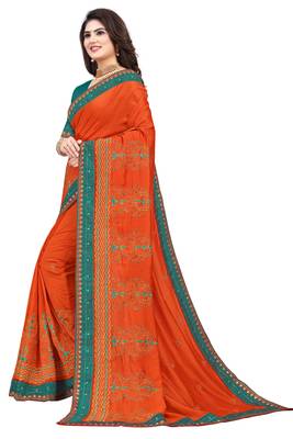 Orange embroidered pure art silk sarees saree with blouse 2