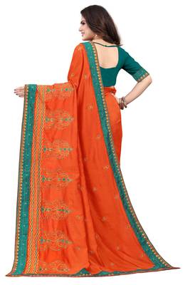 Orange embroidered pure art silk sarees saree with blouse 3