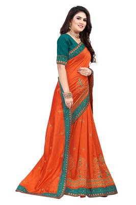 Orange embroidered pure art silk sarees saree with blouse 4
