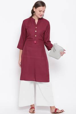 women's solid straight rayon wine color kurti with palazzo set 6