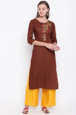 women's embroidered/solid straight rayon brown kurti 1