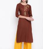 women's embroidered/solid straight rayon brown kurti