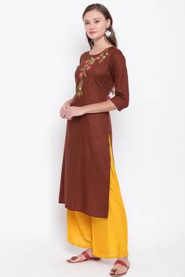 women's embroidered/solid straight rayon brown kurti 3