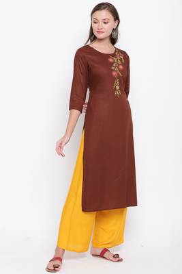 women's embroidered/solid straight rayon brown kurti 4