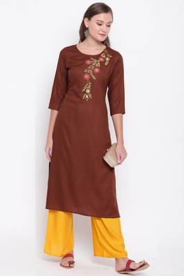 women's embroidered/solid straight rayon brown kurti 6