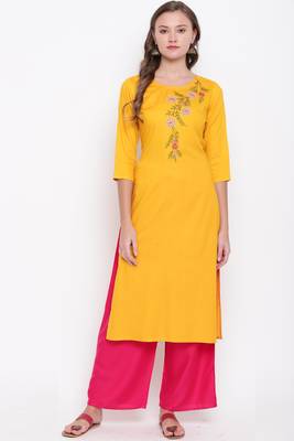 women's embroidered/solid straight rayon yellow kurti 1