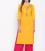 women's embroidered/solid straight rayon yellow kurti