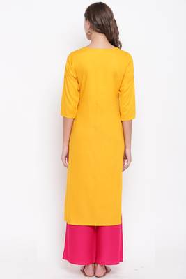 women's embroidered/solid straight rayon yellow kurti 2