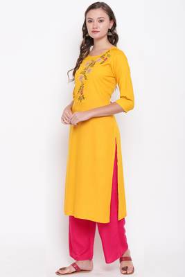 women's embroidered/solid straight rayon yellow kurti 3