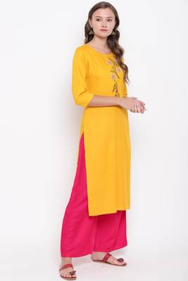 women's embroidered/solid straight rayon yellow kurti 4